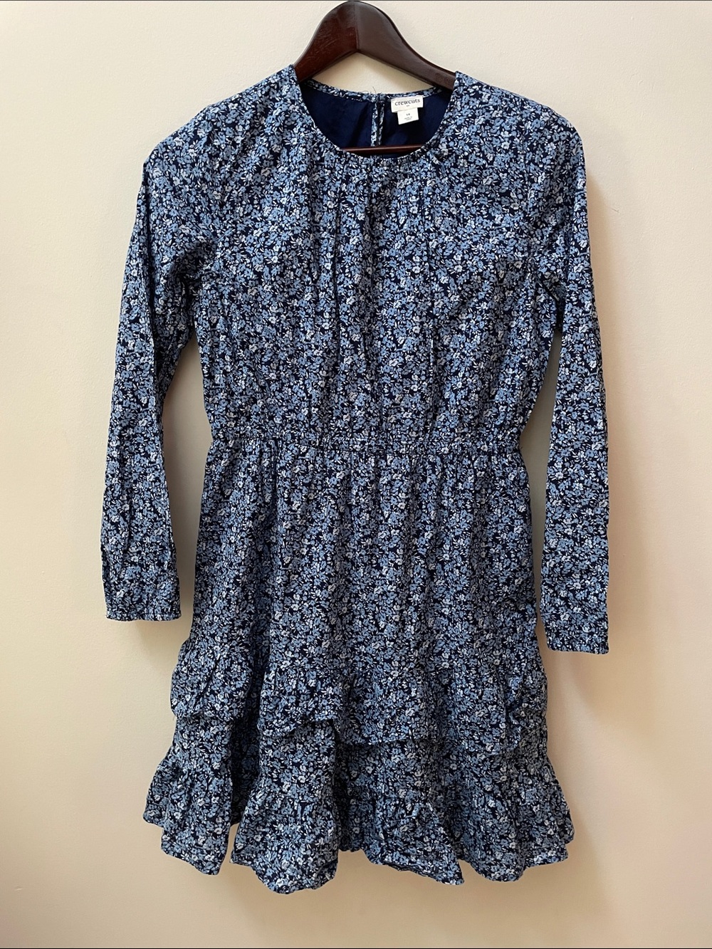 Crewcuts Navy Blue Floral Long-Sleeve Tiered Dress All Cotton